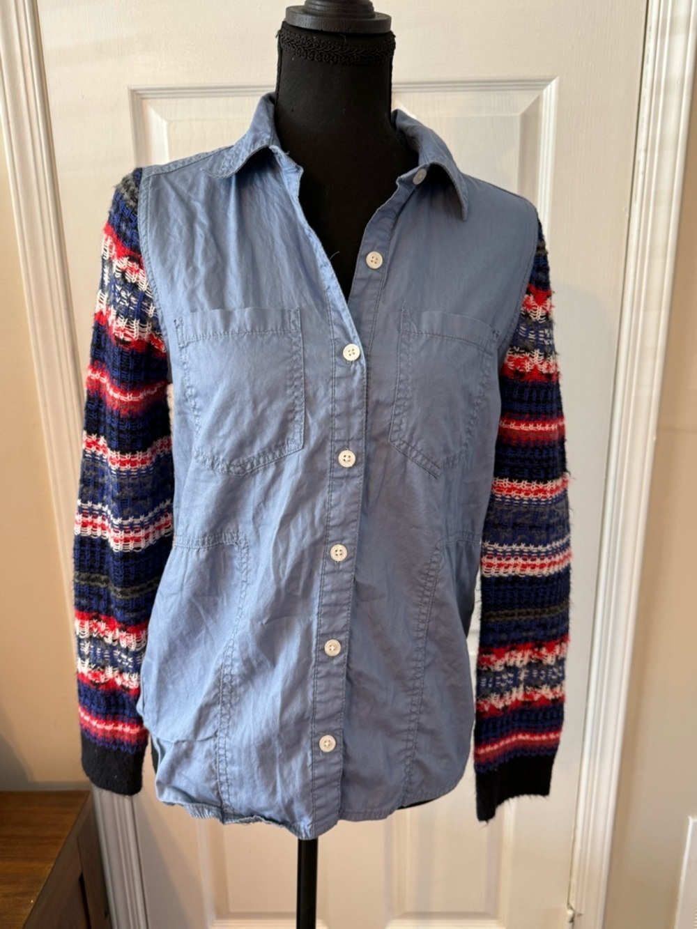 We The Free Blue Button-Up Shirt with Multicolor Knit Sleeves